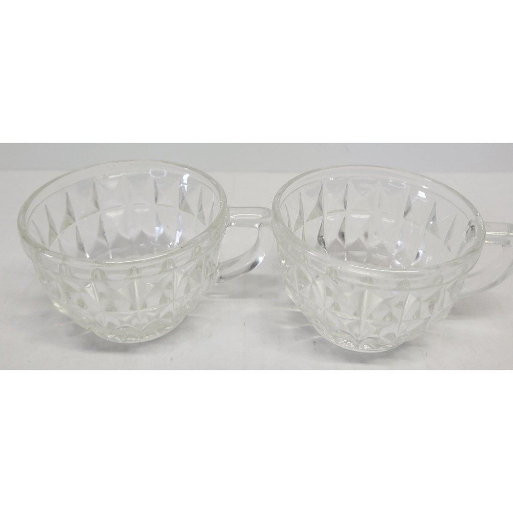 Vintage Clear Pressed Glass Diamond Point Punch Tea Cups Set of 2 Sunburst Base